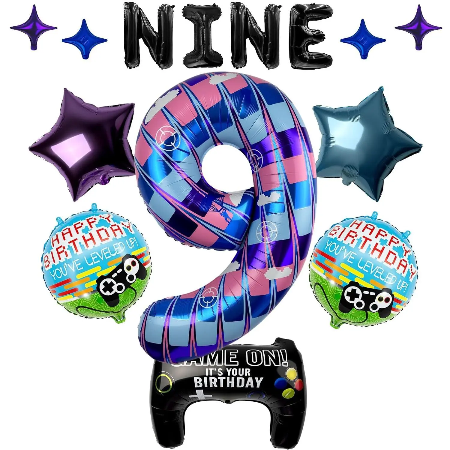Pixel Gamer Video Game 14 Pcs Balloon Set, 40 Inch Number 9 Level Up Block Style 9Th Birthday Party Decorations For Boys