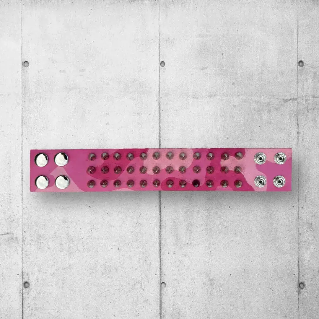 Leather Spiked Cuff, Punk Rocker Style, Bold Urban Camo Design, Street Fashion Accessory, Durable Metal Spikes, Adjustable Snap Closures