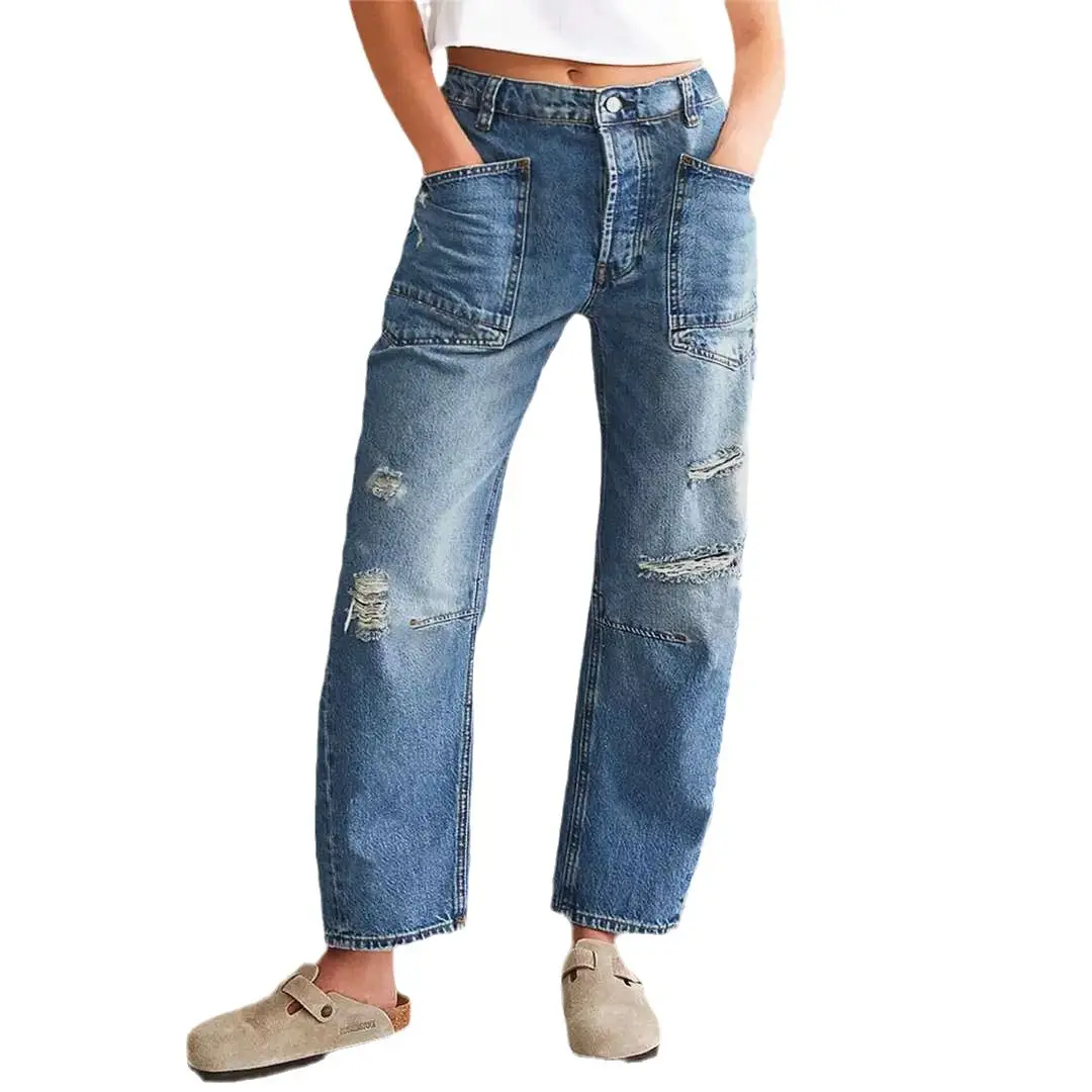 Summer new women's retro ripped jeans casual stitching banana pants loose straight pants for women