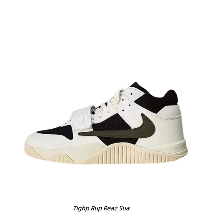 Two Tone White Black Olive Green Leather Mid Top Retro Casual Sneakers Cushioned Non Slip Cream Rubber Outsole Adjustable Strap Sports Walking Shoes Unisex