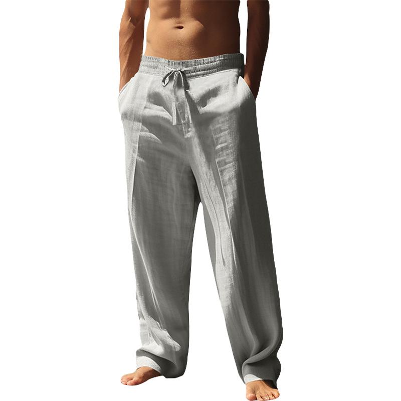 Men’s solid-color versatile drawstring casual pants, loose and breathable summer beach pants with pockets for vacations, comfortable cotton-linen fabric, cool and refreshing.