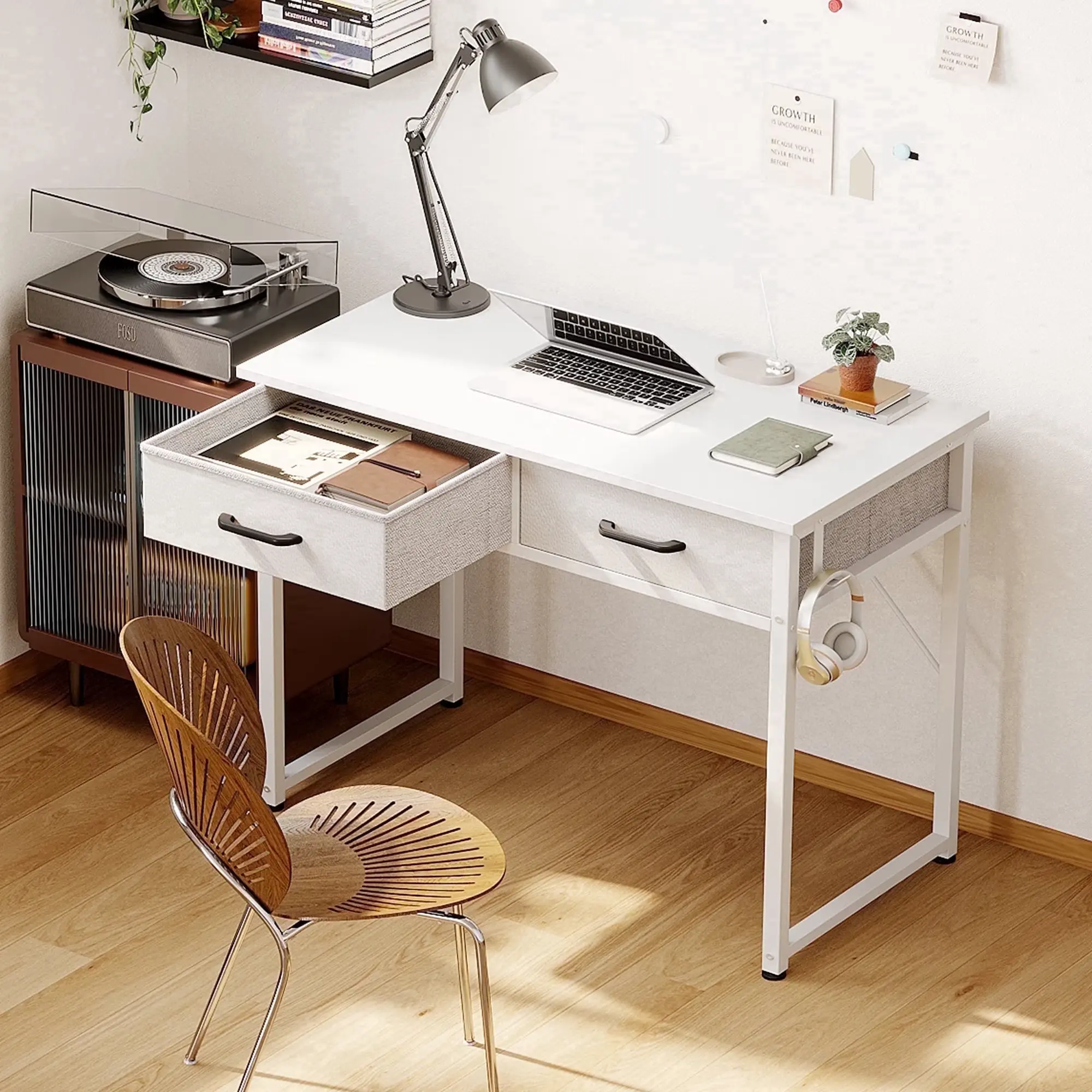 32 Inch Writing Desk with 2 Fabric Drawers Small Computer Desk White