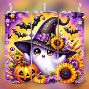 Cute Witch Ghost Halloween 20 oz Tumbler - BPA Free, stainless steel, Leak proof, durable, with clear lid