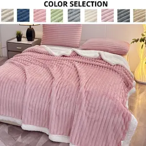Winter Reversible Lamb Fur Blanket 1pc, Soft Blankets, King/queen Size, Solid Color Striped Pattern, Thick Twin Cover Throw, Warm Breathable