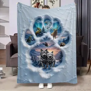 Wolf Paw Print Flannel, Soft Comfortable Sofa Throw, Christmas Decor, Bed Office Camping Travel, All Seasons Warm Plush Rug, Animal Blankets