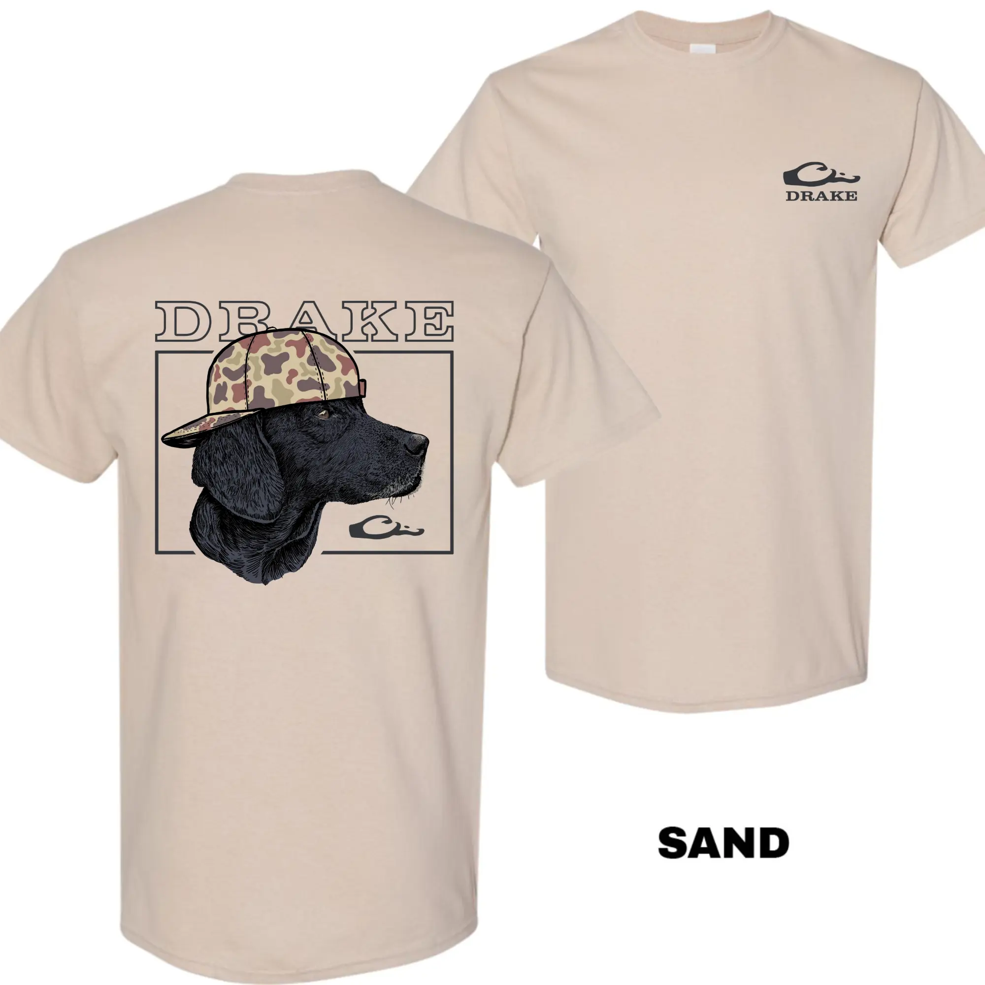 Drake Waterfowl Black Labrador In Camo Hat T-Shirt, Double Sided Hunting Dog Graphic Tee, Southern Outdoor Casual Wear for Men and Women