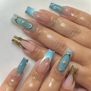 Rhinestone Decor Colorblock Gold Line Pattern Fake Nails with Nail File & Tape & Wooden Stick, 24pcs Removable False Press on Nails for Women DIY Nail Art, Star Pattern Rhinestones