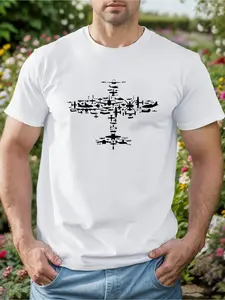 180G Soft Men'S Casual Airplane Print Round Neck Short Sleeve T-Shirt |   Navy Blue, Geometric Design, Breathable and Machine Washable, Perfect for Summer and Casual Attire, Travel Clothing |   Comfortable Fit