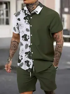 Two-Piece Set Asymmetrical Print Cuban Collar Short Sleeve Shirt + Casual Shorts, Vacation Style, Ice Silk Fabric, Color Block Design