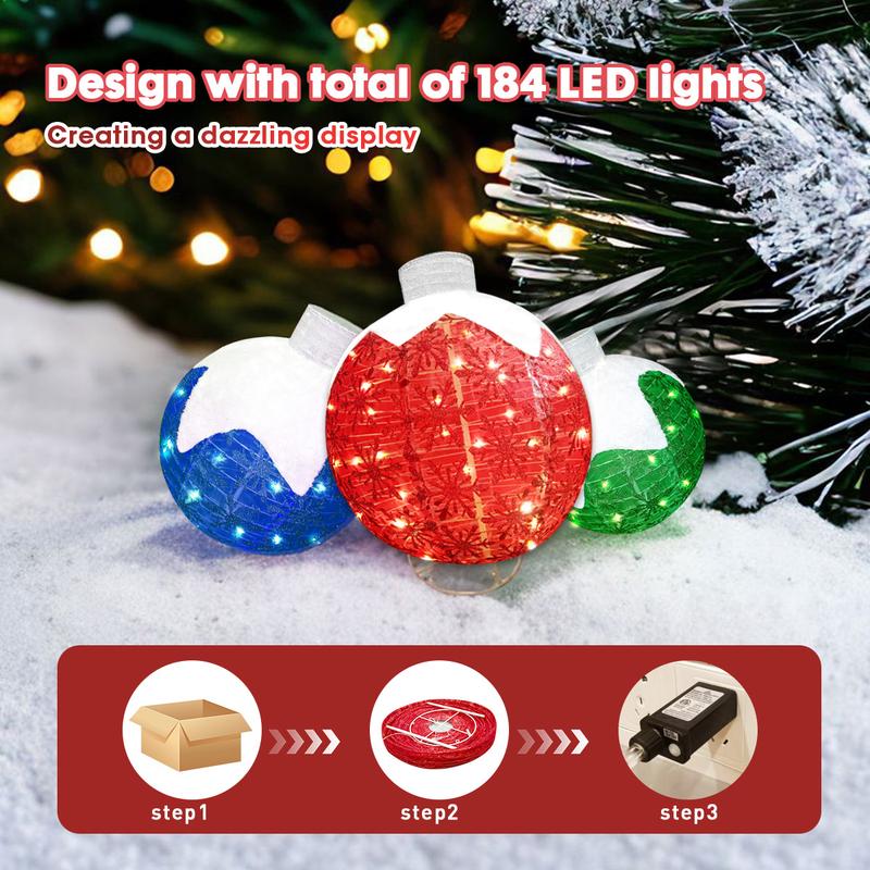 Christmas Outdoor Decoration, Christmas Ball lights, 3-Piece Pop-Up Christmas Ball Set with 184 LED Lights, Pre-Lit Iridescent, 3D Glittered Standing Holiday Display for Outdoor Ornaments