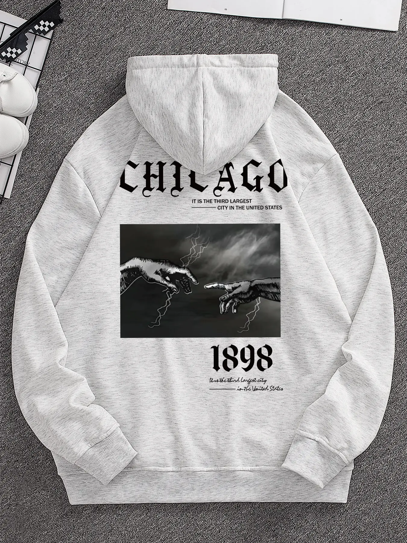Men's Graphic Hoodie, Casual Long Sleeve Streetwear Pullover with Chicago Skyline 1898 Lightning Hands Quote Print, Graphic Print, Bold 'Chicago' Print