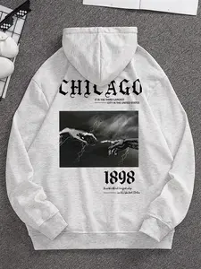 Men's Graphic Pullover Hoodie Sweatshirt, Casual Streetwear with a Chicago Skyline and 1898 Lightning Hands Motif, Sweatshirts