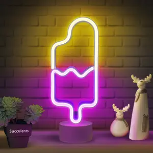 Popsicle Neon Light - Popsicle Neon Sign for Bedroom, Desktop, Tabletop Decor - Battery/USB Powered Popsicle Lights - Ice Cream Night Light Lamp with Stand- Pink & Warm White Led Signs