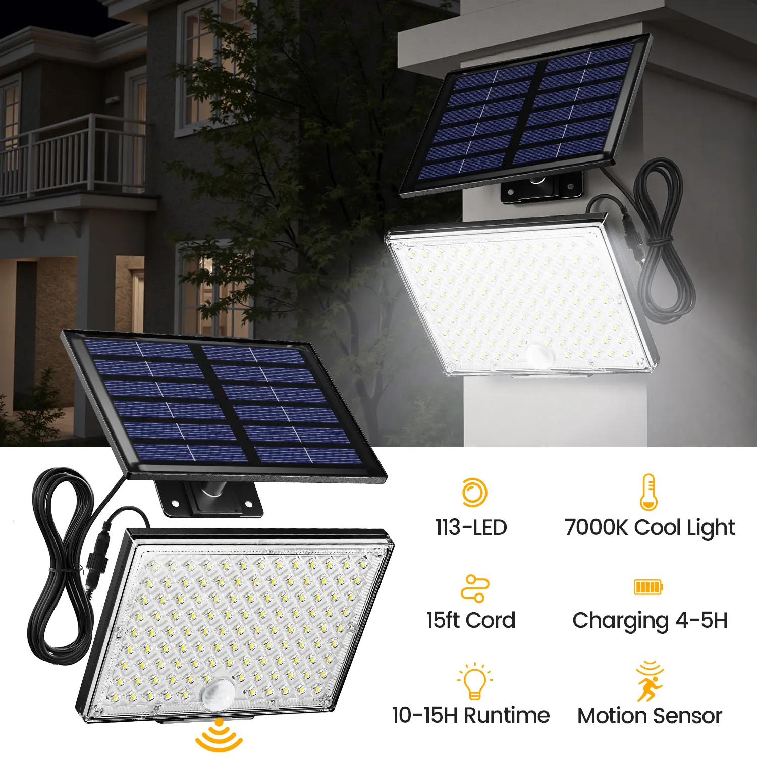 Solar Outside Lights with 113 Bright LEDs 7000K, Motion Sensor Outdoor Flood Lights Dusk to Dawn with 16ft Cable IP65 Waterproof, Security Light for Garden Barn Porch 2 Pack