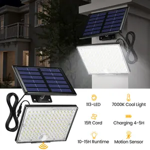 Solar Outside Lights with 113 Bright LEDs 7000K, Motion Sensor Outdoor Flood Lights Dusk to Dawn with 16ft Cable IP65 Waterproof, Security Light for Garden Barn Porch 2 Pack