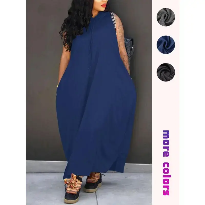 Women's Plain Drawstring Hooded Tank Dress, Casual Pocket Sleeveless Maxi Dress for Summer, Fashion Women's Clothing Comfort Basic Blue