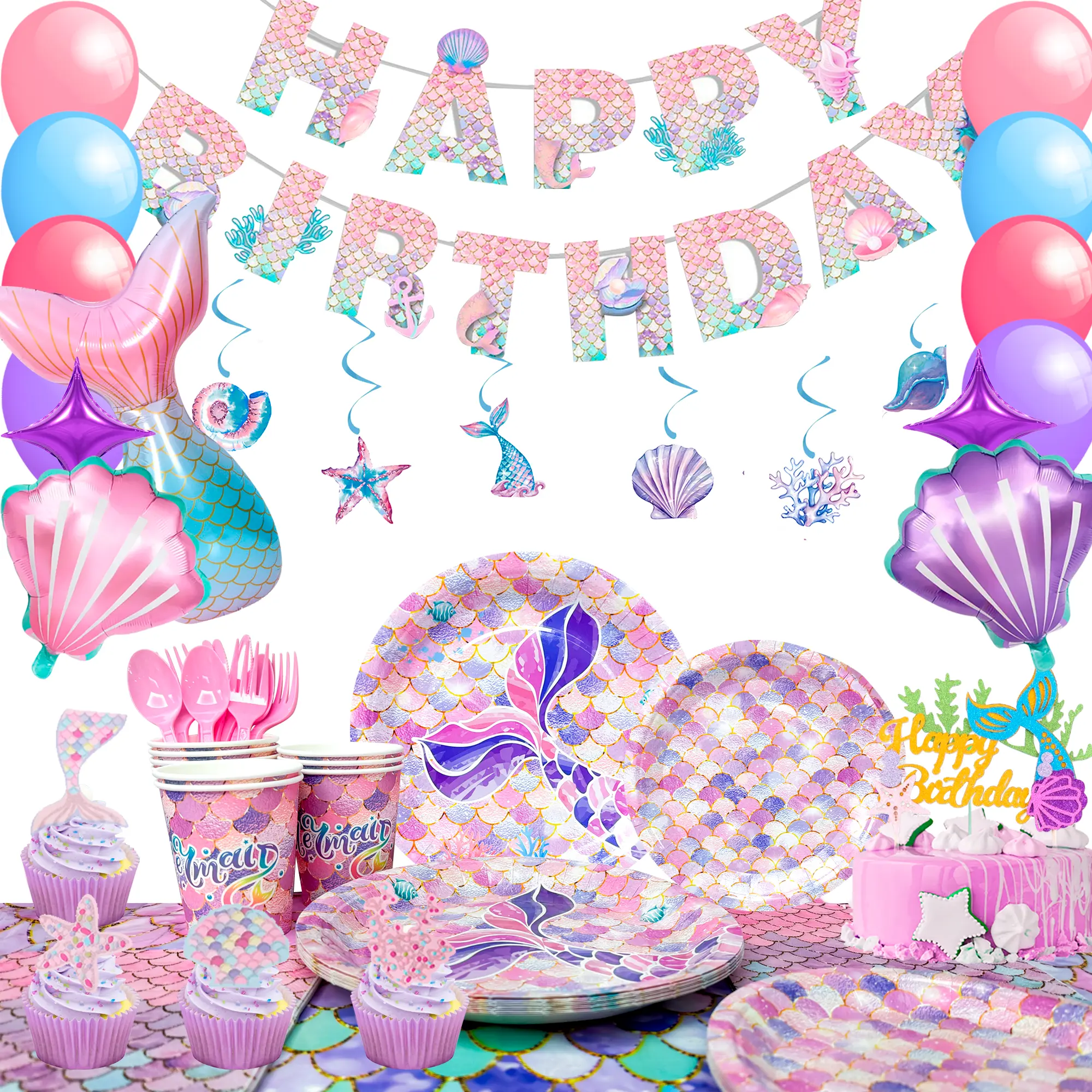Mermaid Party Supplies, 132 Pcs Mermaid Birthday Party Supplies Kit, Mermaid Birthday Plates Cups Napkins Tablecloth, Mermaid Banner Balloons Hanging Swirl etc Mermaid Birthday Decorations for Girls