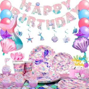 Mermaid Party Supplies, 132 Pcs Mermaid Birthday Party Supplies Kit, Mermaid Birthday Plates Cups Napkins Tablecloth, Mermaid Banner Balloons Hanging Swirl etc Mermaid Birthday Decorations for Girls