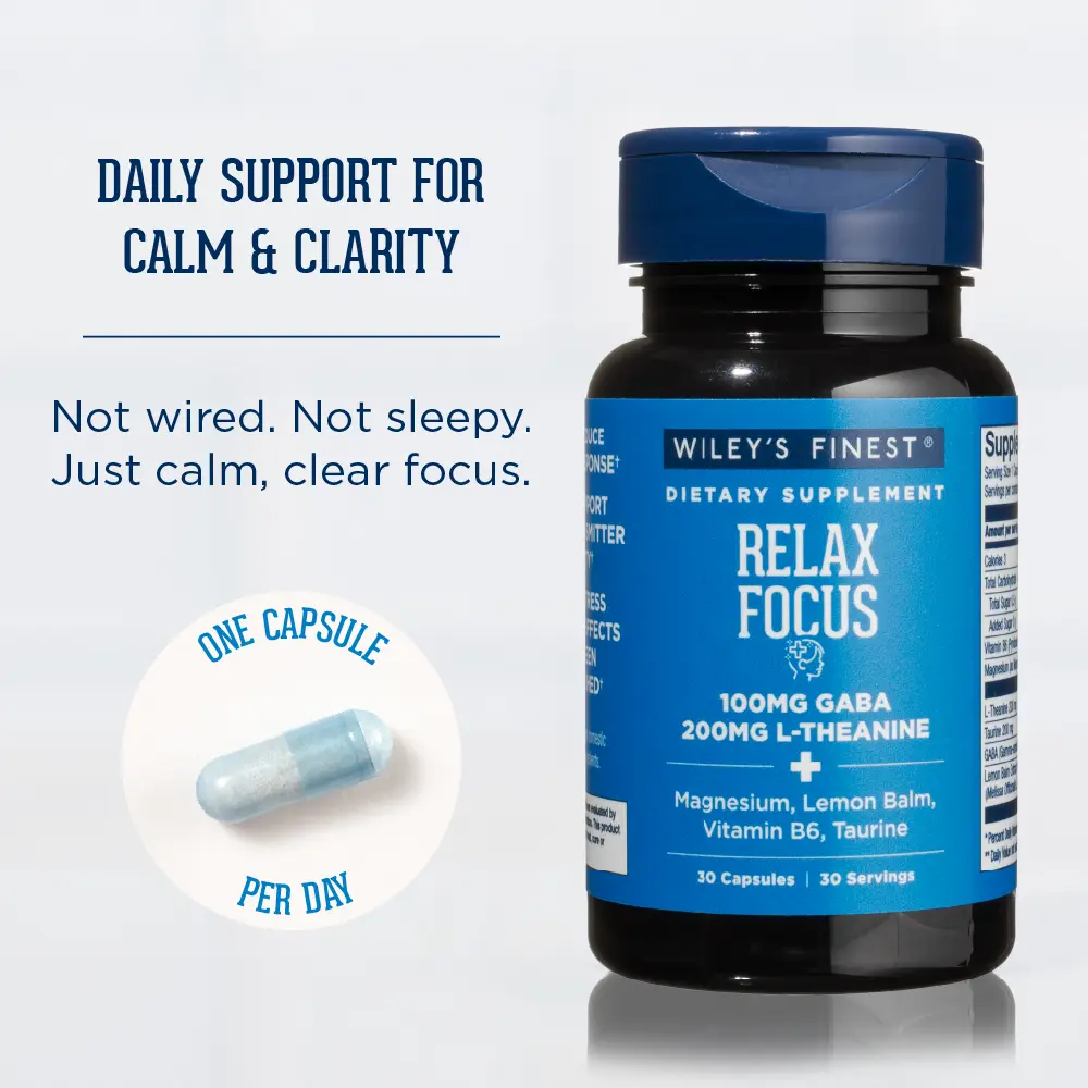 Wiley’s Finest Relax Focus - Daily Supplement for Stress Support - Contains L-Theanine, GABA, Vitamin B6 & Magnesium - 30 Capsules (30 Servings)