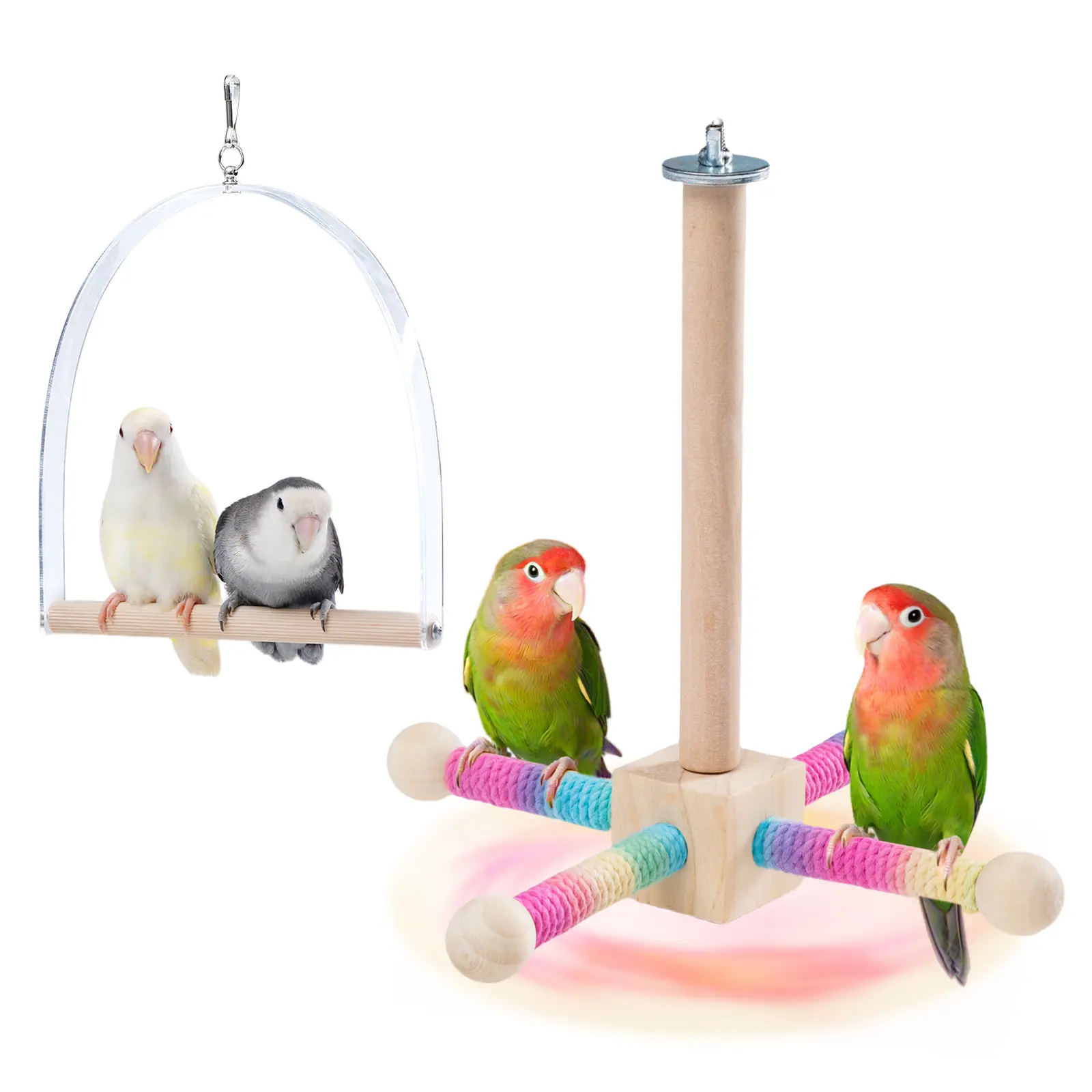 Rotating Parrot Perch & Acrylic Swing Set, Natural Wood-Cotton Rope Stand with Silent Bearing, Bird Cage Accessory for Small-Medium Pets (Budgies, Lovebirds, Cockatiels)