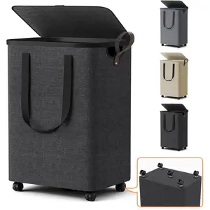 Laundry Basket with 5 Wheels, Tall Dirty Laundry Hamper, Rolling Laundry Basket with Lid, Collapsible Clothes Hamper for Bathroom Bedroom Dorm Laundry Room, Dark Gray, 75L