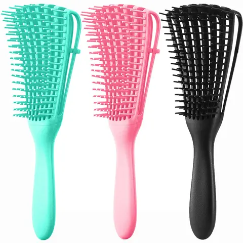 Afro Texturizing Hair Brushes & Combs Set (3 Pink, Green, Black) - Abs-Infused Anti-Frizz Detangling Tool with Adjustable Bracket, Ergonomic Design, Flexible Exfoliating Scalp Brush for 3a-4c Kinky Thick Long Strands, Wet/Dry Use, Lightweight Gift