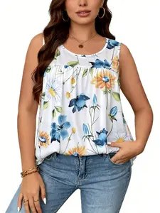 Women's Plus Size Casual Floral Print Sleeveless Vest Top, Fitted Design for Daily Wear, Fashionable Summer Clothing