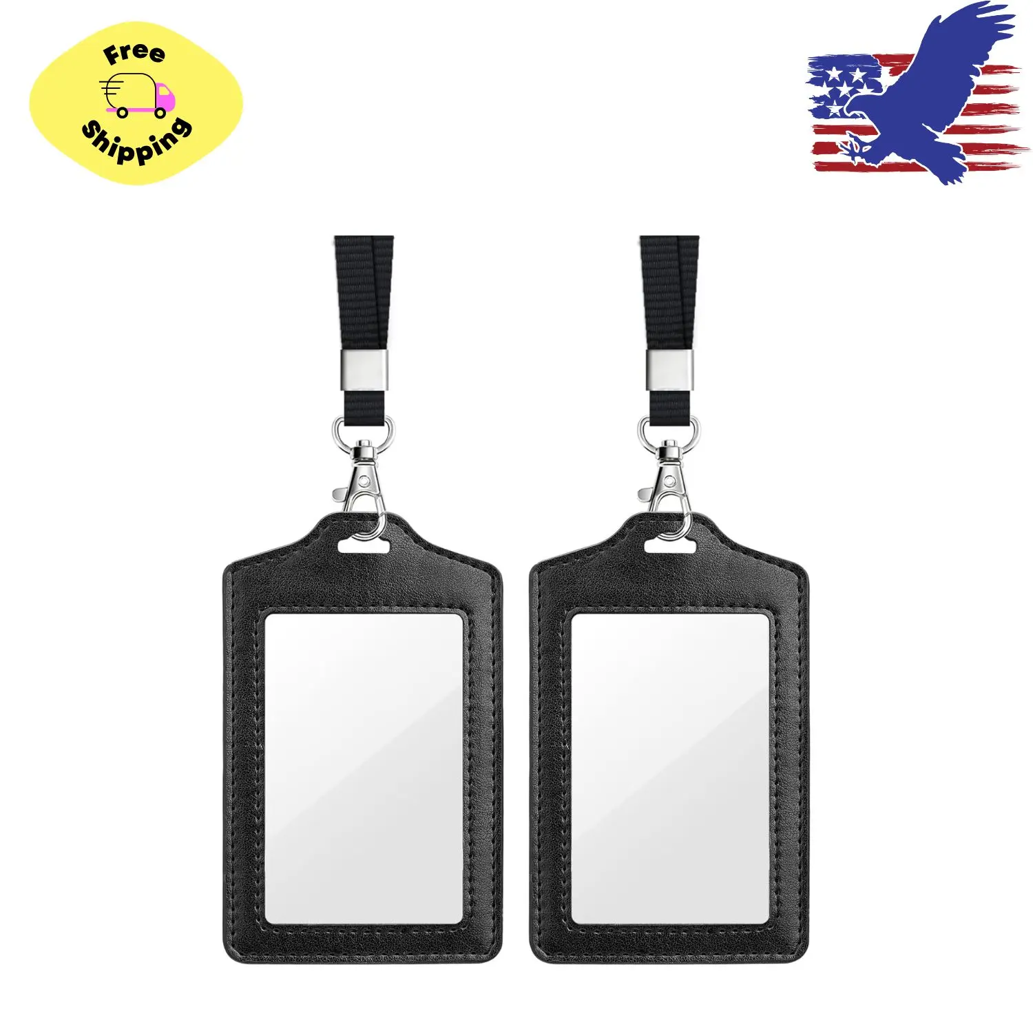 2 Pack Double Sided Clear Badge Holder with Lanyard, Black