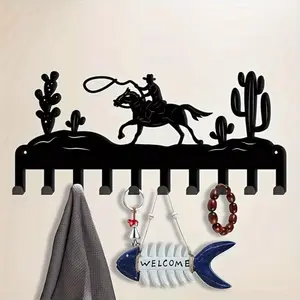 Cowboy & Cactus Design Wall Mounted Key Holder, 1 Count Metal Key Rack with 10 Hooks, Storage Hooks, Decorative Iron Hanger for Home Living Room Bedroom, Shelves, Hanging, Installation