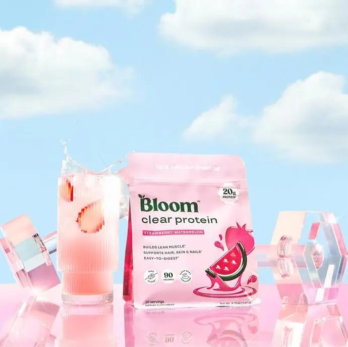 Bloom Clear Protein, Whey Protein Isolate with Collagen Peptides and Digestive Enzymes, 20g Protein, Sugar Free Post Workout Drink Mix, 90 Calories, Strawberry Watermelon, 10 Servings