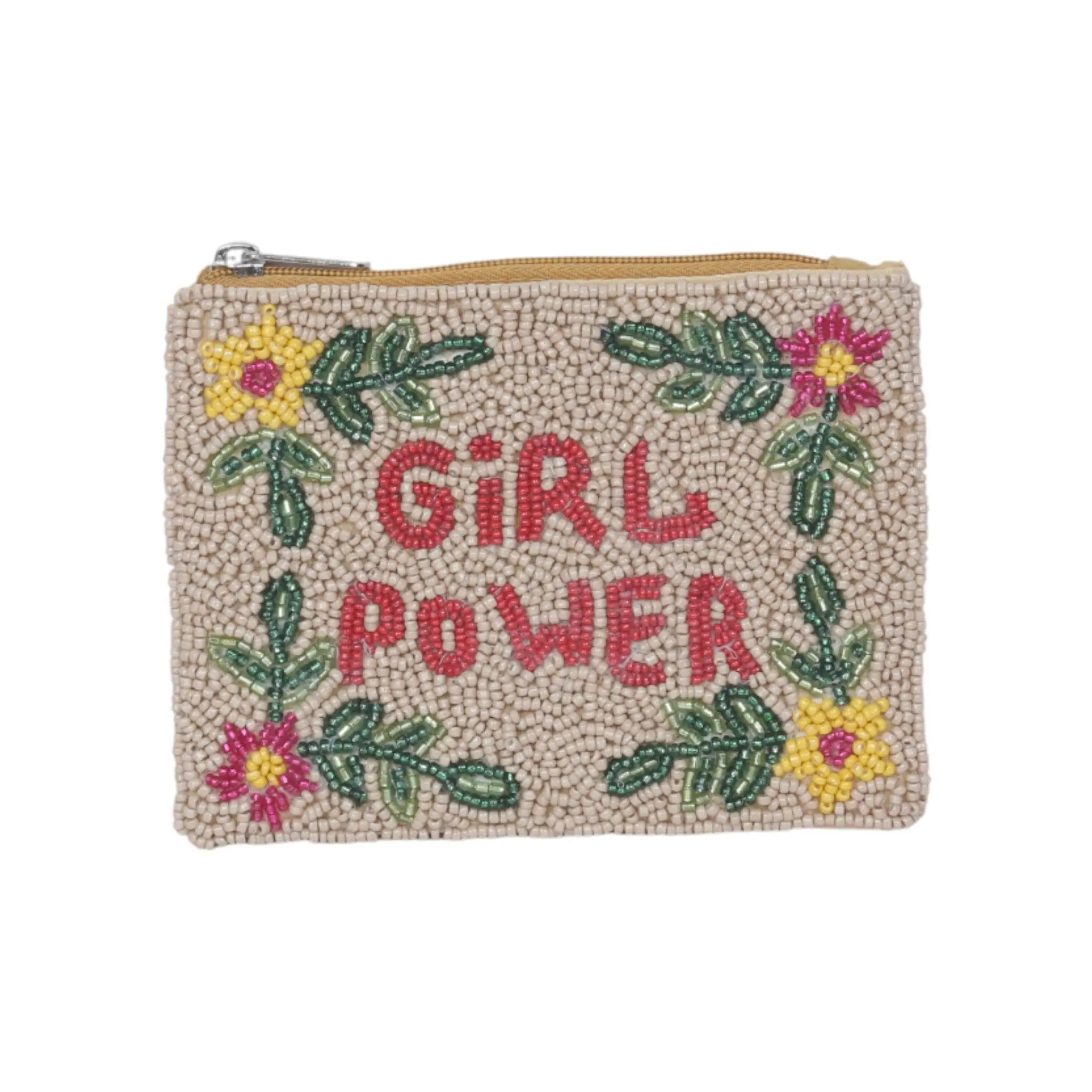 Fully Beaded Coin Purse for Women, GIRL POWER Novelty Pouch with Boho Tassel, Small Handmade Card and Coin Holder Wallet, Coin Holder/Purse