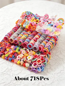 718 pieces / sets. Girls' rainbow-colored hair accessory set, featuring hundreds of hair accessory combinations, bow hair clips, cute princess hairstyle accessories, highly elastic and durable hair bands, hair strings, rabbit ear hair rings, multi-functio