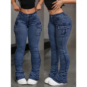 Dark Blue Tight Side Pleated Stretch Pants Jeans Womenswear Bottom Elastic Medium（gift）
