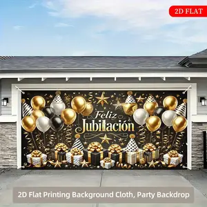 Retirement Celebration Party Backdrop - Golden & Black Polyester Fiber Tapestry, 71x157 Inches (180x400cm) - "Feliz Jubilación" Design with Balloons, Gifts & Stars - No Electricity Required, Ideal for Home Decor, Party Decorations