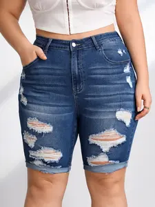 Women's Plus Size High Waist Elastic Skinny Denim Capri Pants, Casual Fashion Simple Street Style, Ripped Jeans Five-Quarter Leggings