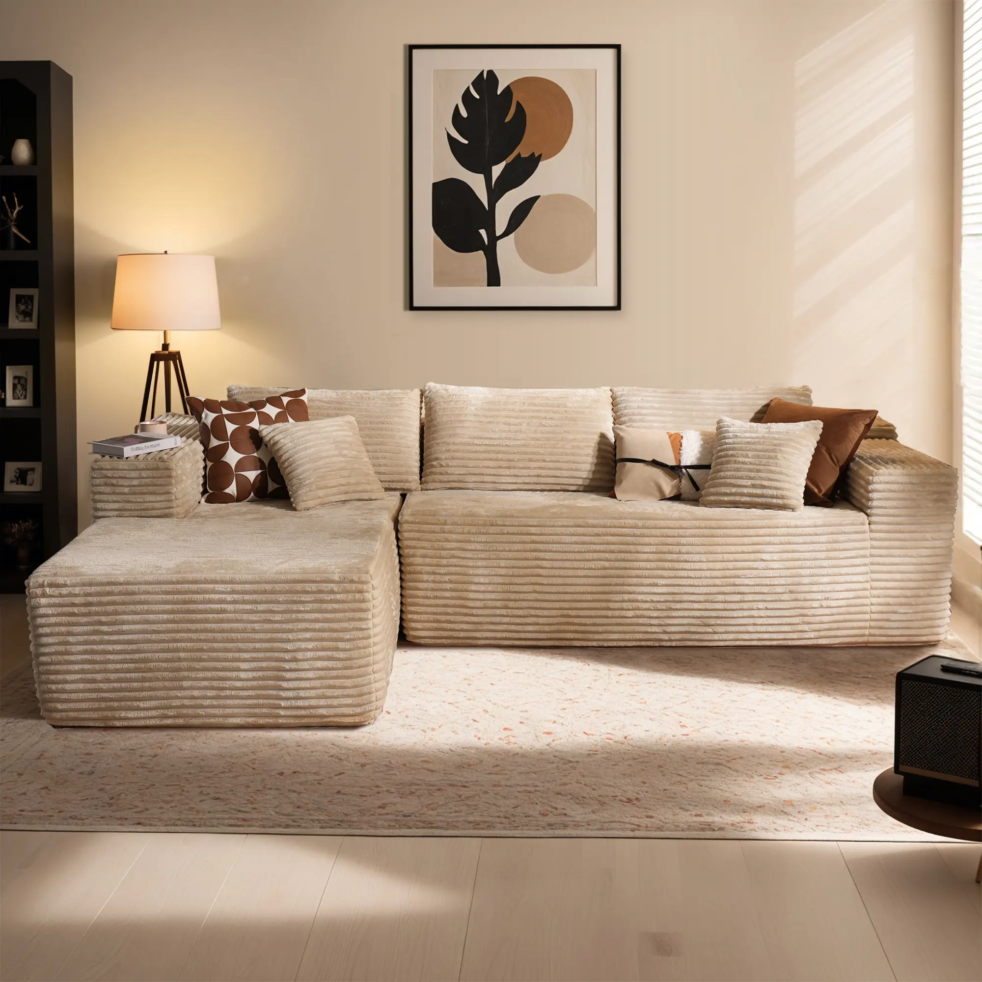 Beige Plush Corduroy Left Chaise| L-Shaped Sofa