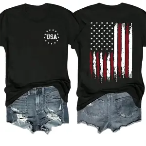 Women's Star & Flag Print Round Neck Graphic Tee, Vintage Trendy Casual "USA" Letter Print Short Sleeve T-shirt For Daily Wear, Ladies Summer Outfit Independence Day Tshirt # Mother's Day Gift # streetwear tees # Printed T-shirt