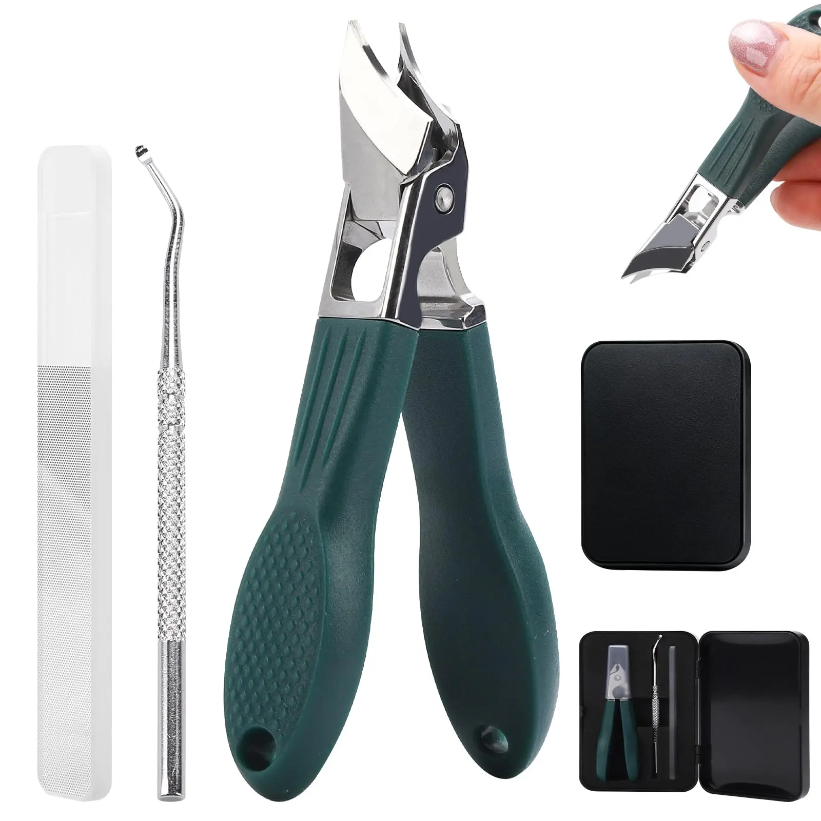 Upgraded Eagle Beak Beveled Nail Clippers, Long Handle Wide Jaw Slanted Nail Clipper, Eagle Beak Angled Edge Nail Clippers 3-Piece Set, Wide Jaw Opening Anti-Splash Nail Clipper for Men Women(Green)