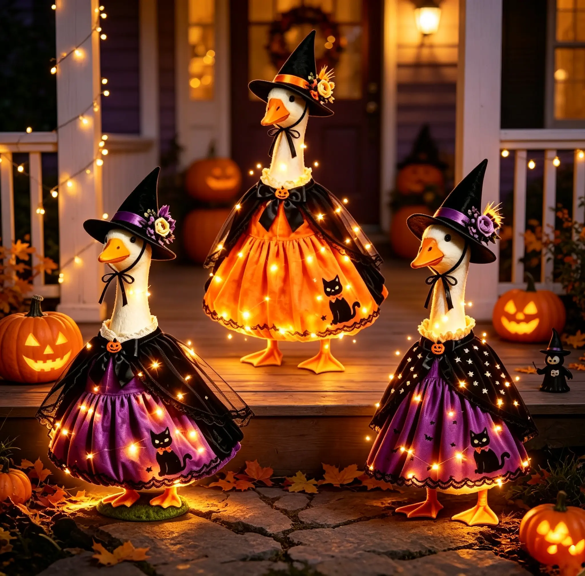 Light‑Up Halloween Porch Goose Outfits for 23" Cement Goose Statue, Witch Dress with Floral Hat & Cape, Black Cat Pattern & Built‑in LED Lights, Outdoor Yard Holiday Decor