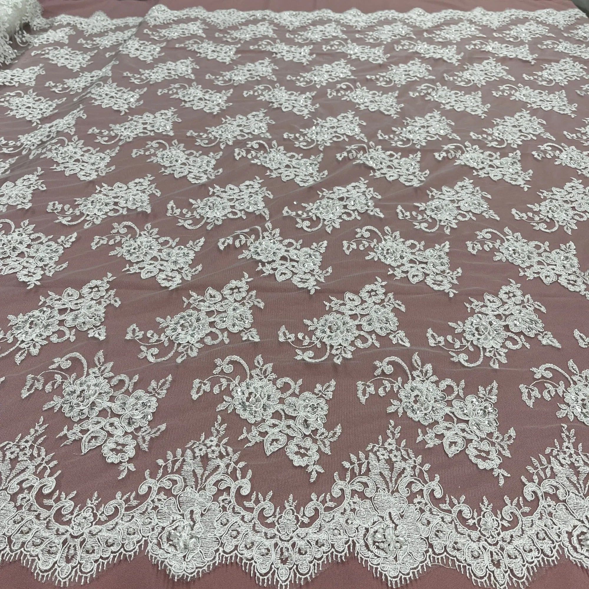 Hand-Embroidered Beaded Lace Fabric on Polyester Net Mesh for Bridal Gowns, Evening Dresses, Couture - Lightweight, 54 Inches Wide, 54" Width, Hand-Embroidery, Polyester Mesh, Comfortable Fit, Sparkling Beads And Pearls, Two Different Colors