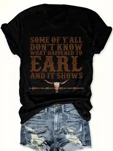 Women's Vintage Western Slogan Print Crew Neck T-Shirt - Casual Short Sleeve Top with Semi-Sheer Fabric, Machine Washable & All-Season Comfort, Retro Letter Design for Casual Attire, Ladies T Shirts, Comfortable Clothing, Relaxed Fit Shirt, Semitransparen