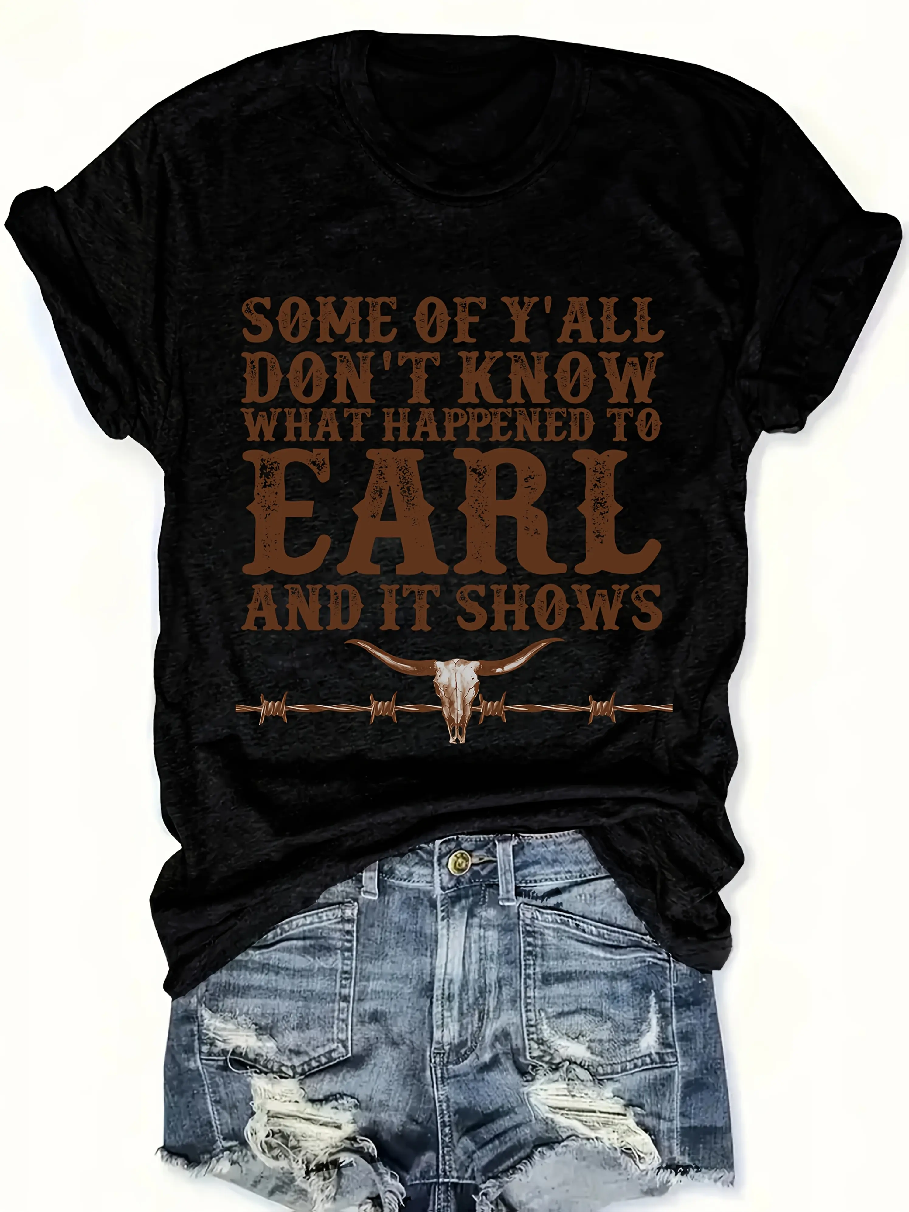 Women's Vintage Western Slogan Print Crew Neck T-Shirt - Casual Short Sleeve Top with Semi-Sheer Fabric, Machine Washable & All-Season Comfort, Retro Letter Design for Casual Attire, Ladies T Shirts, Comfortable Clothing, Relaxed Fit Shirt, Semitransparen