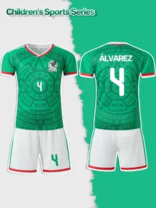 Green V-neck football suit for boys, with name ÁLVAREZ and number 4. It is a comfortable and breathable two-piece jersey for matches and sports, suitable for outdoor exercise, school team equipment, and a great gift for festivals.