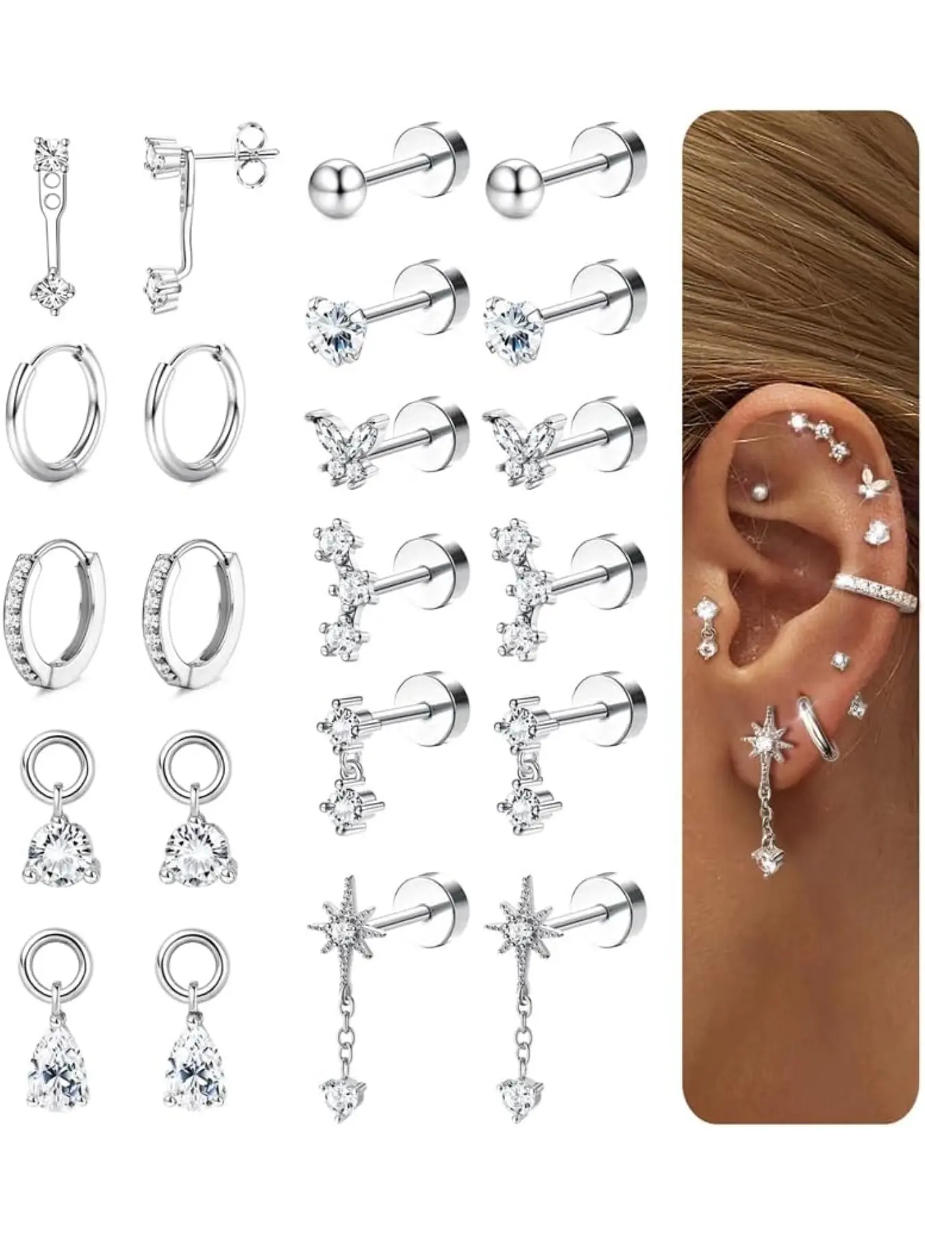 Hypoallergenic Silver Flat Back Earrings for Women - 14K Gold Plated Surgical Stainless Steel Earring Stacks Set, Stackable Earrings, Earrings Hoops, Small Stud & Hoop for Cartilage Helix Tragus Piercing Jewelry Gift