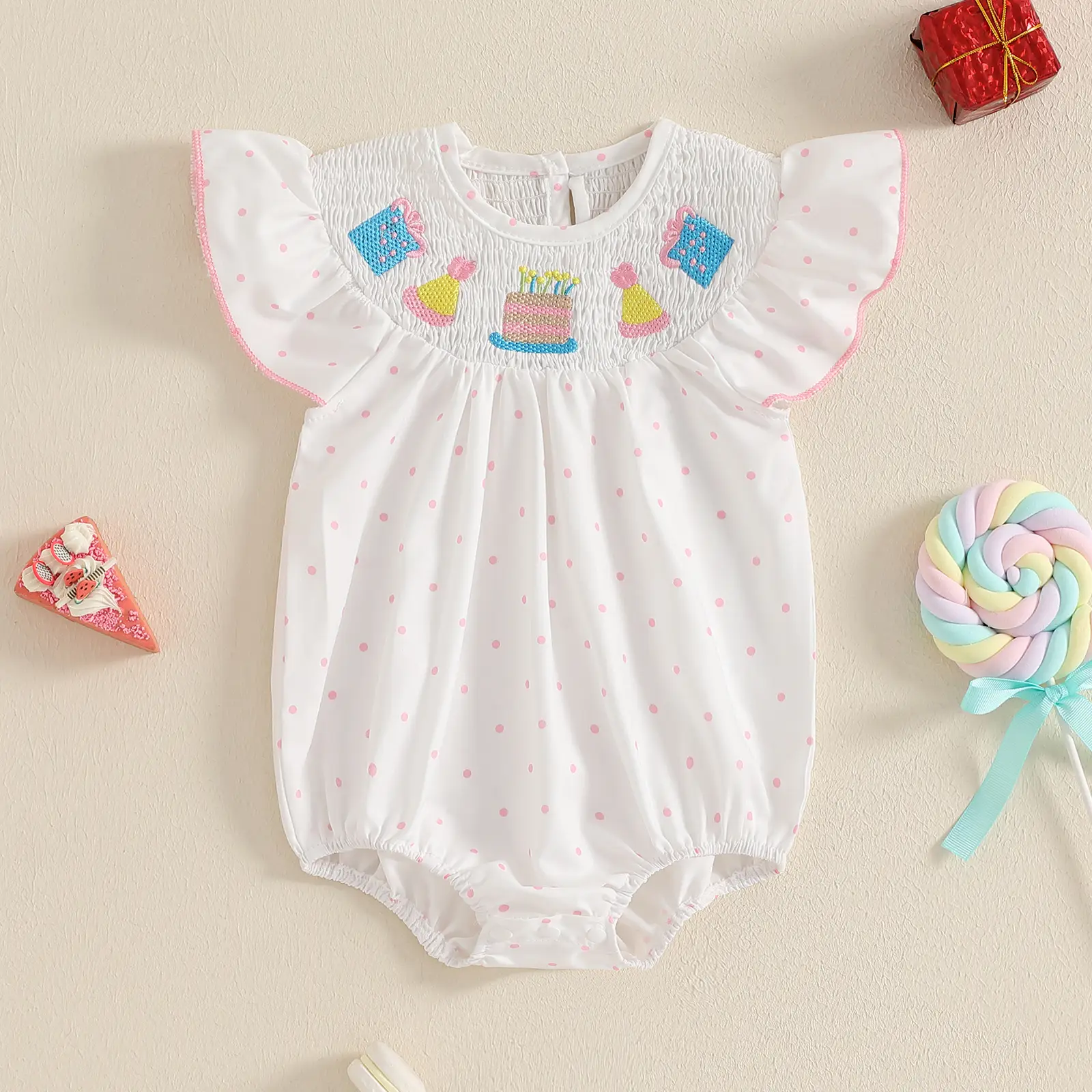 Baby Girls Rompers Birthday Clothes Birthday Cake Embroidery Fly Sleeve Infant Bodysuits Jumpsuits