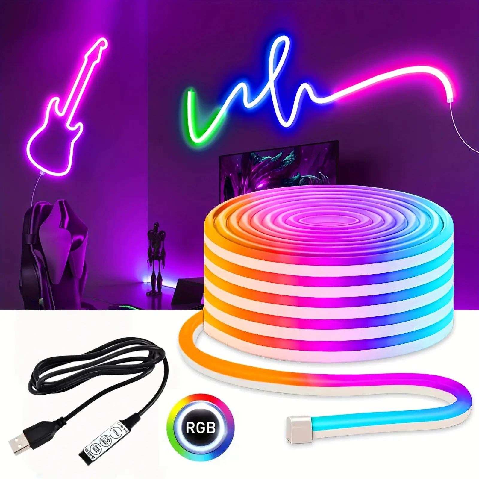 RGB Neon LED Strip Light, Flexible Night Lamp, 3 Button Remote Control, Multi-Color Adjustable Brightness, USB Powered, DIY Creative Lighting, Multicolor Led Lighting, Led Light Strips, RGB Light Effect, Rgb Led Lights