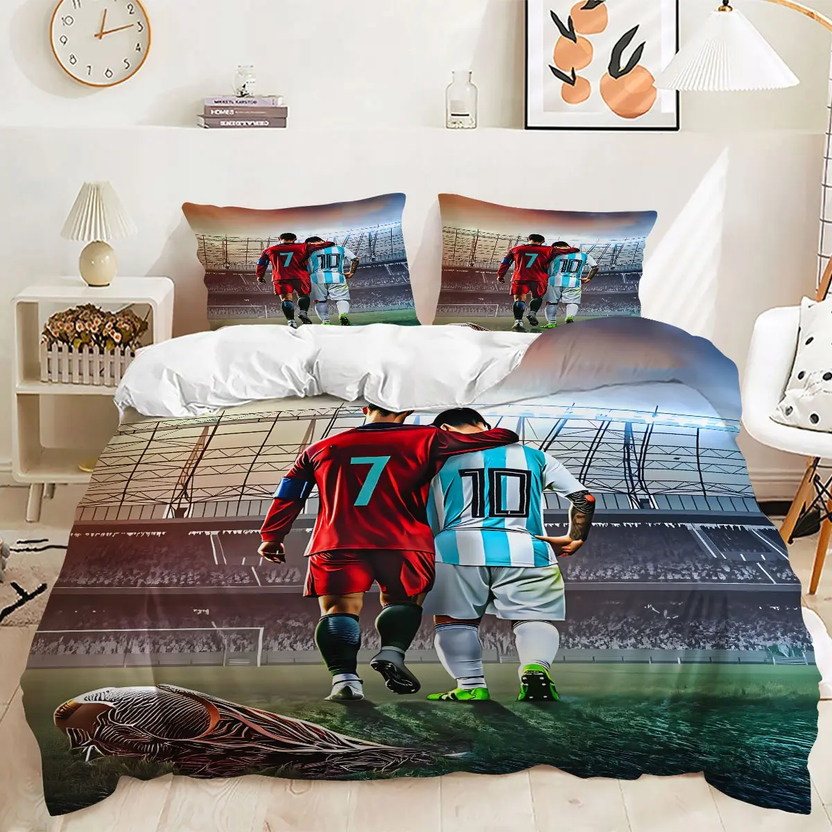 2/3Pcs Soccer Theme Duvet Cover Set, Digital Print Bedding Set, Soft Microfiber Fabric, Cozy Breathable, Comfy Bed Sets, All Season Use, for Bedroom, Dorm, Guest Room, Great for Soccer Themed Rooms. Includes 1 or 2 Pillowcase - No Filling/Zipper Closure