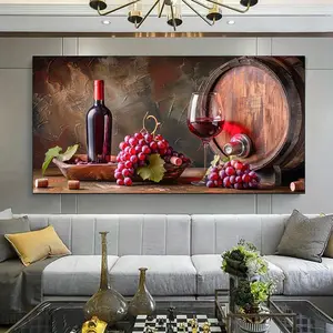 1 Framed Canvas Painting - Large Modern Red Wine and Grapes Wall Decor, Vibrant Wine Bottle and Glass Poster for Living Room or Bedroom, Elegant Artwork, Exquisite Home Decor |   Elegant Wall Painting |   Barrel Depiction, Room Decor Aesthetic