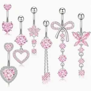 7pcs 14G Belly Button Ring Dangle Belly Button Piercing Surgical Stainless Steel Belly Rings set of Rhinestone-encrusted | for Casual Attire, Parties, Beach Vacation, Mother'S Day Valentine'S Gift