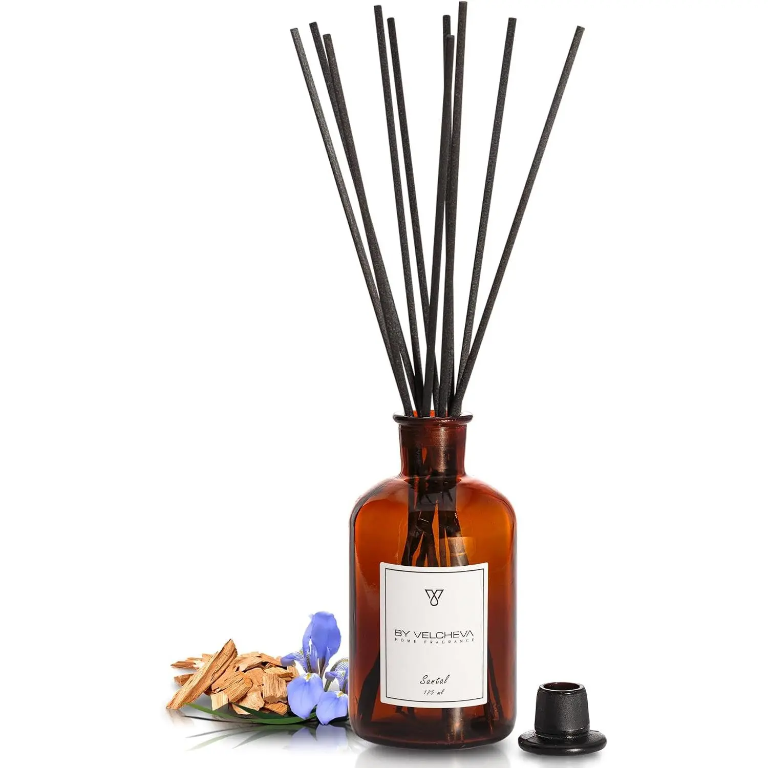 BY VELCHEVA Reed Diffuser Set, Santal - Niche Perfume - 125 ml, Fragrance, Liquid Refillable, Glass Bottle for Home, Office, Bedroom, Living Room, Kitchen, Bathroom